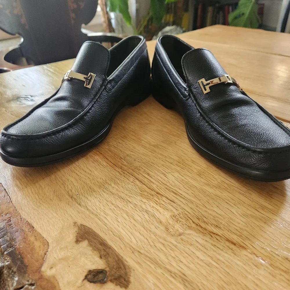 A Testoni Mens Black Loafers Box Pebble Leather Silver Horse‎ Bit Shoes Sz 8